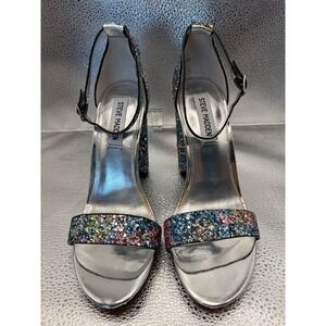 Steve Madden Carrson Multi Glitter Block Heel Sandals Women 8.5M Silver Metallic